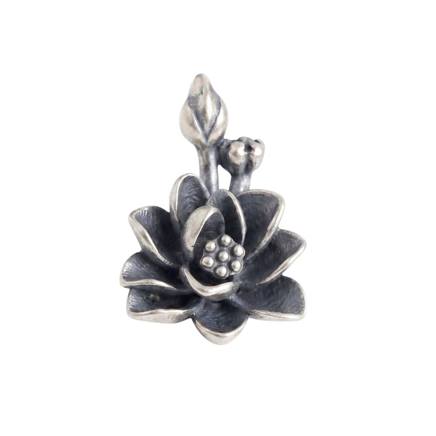 Oxidised 3D Lotus Flower charm pendant, dark petals with textured center bead cluster