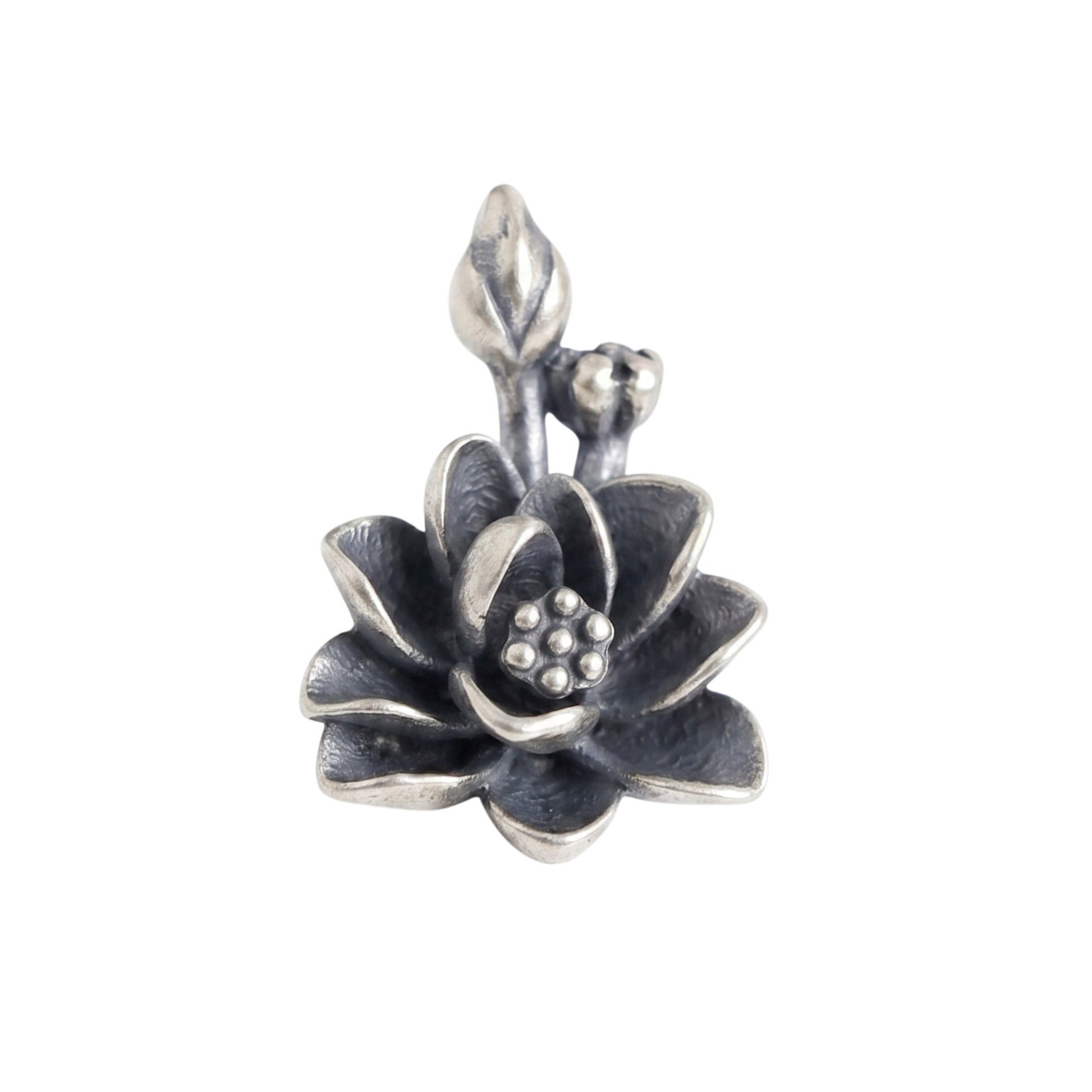 Oxidised 3D Lotus Flower charm pendant, dark petals with textured center bead cluster