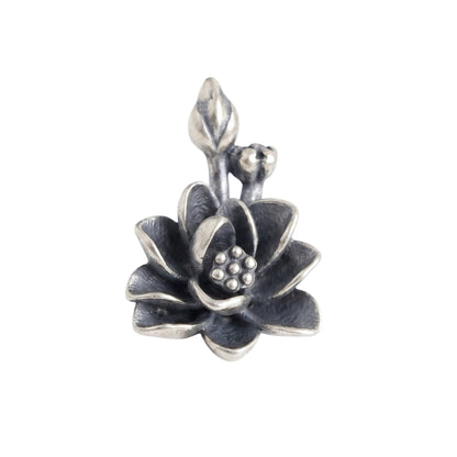 Oxidised 3D Lotus Flower charm pendant, dark petals with textured center bead cluster