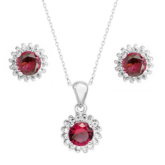 Statement 925 Sterling Silver Red Ruby CZ Cluster Jewellery Set with Choice of Chain - sugarkittenlondon