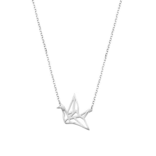 Sterling Silver Matte Brushed Origami Crane Bird Charm Pendant Necklace 38-42cm 16.5''