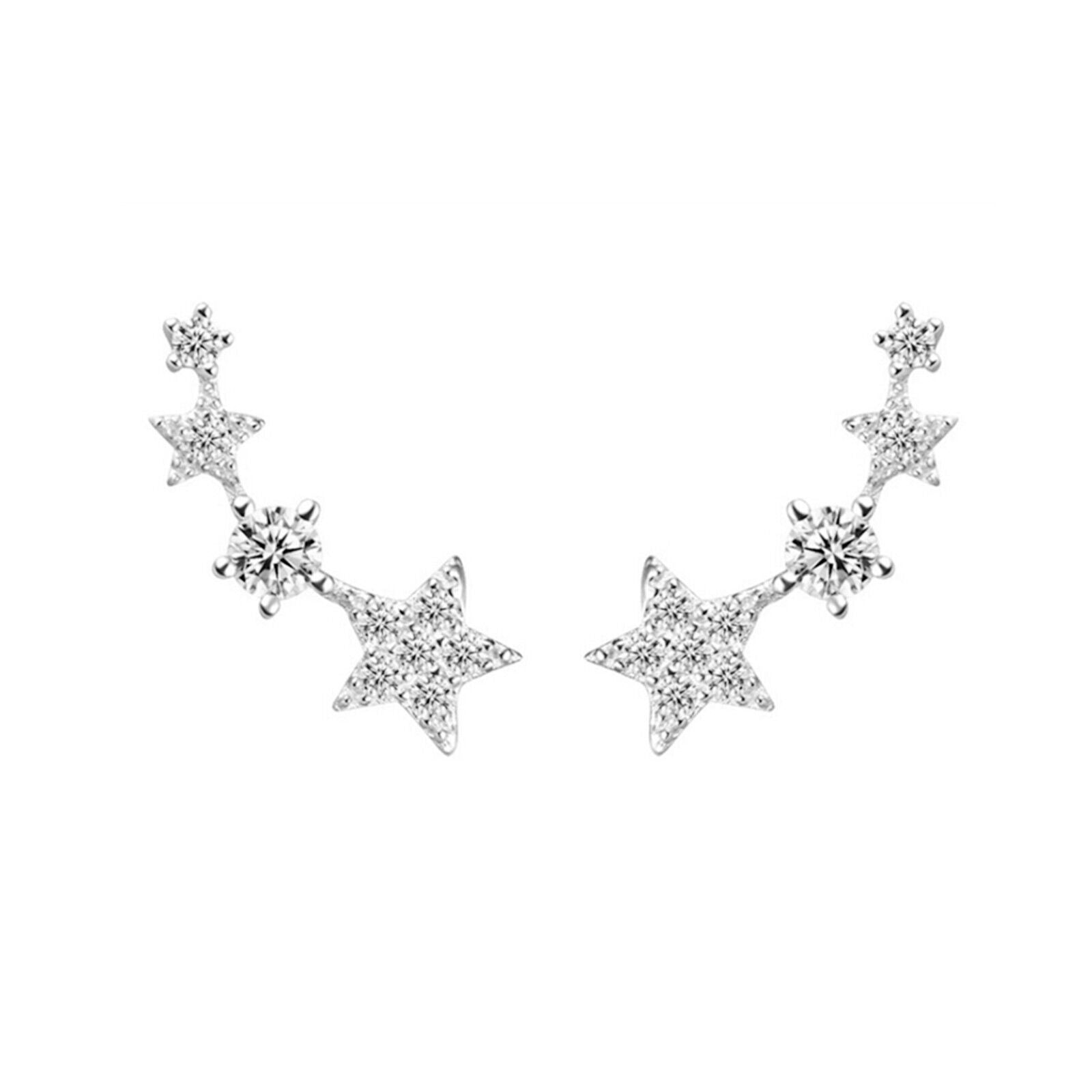 Rhodium on Sterling Silver Linked CZ Stars Climber Crawler Drop Stud Earrings - sugarkittenlondon