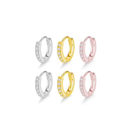 Sterling Silver 6mm Hoop Pave CZ Huggie Hinged Cuff Half Eternity Earrings