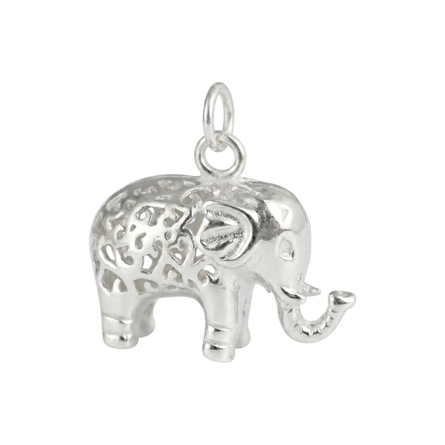 Sterling Silver Filigree 3D Elephant w Raised Trunk Pendant Charm