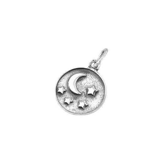 Sterling Silver Oxidized 11mm Crescent Moon with Stars Disc Circle Charm Pendant - sugarkittenlondon