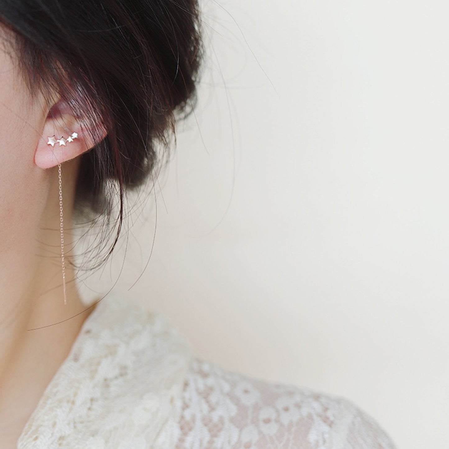 925 Sterling Silver CZ Chain Threader Earrings with Linked Stars in 2 Tones - sugarkittenlondon