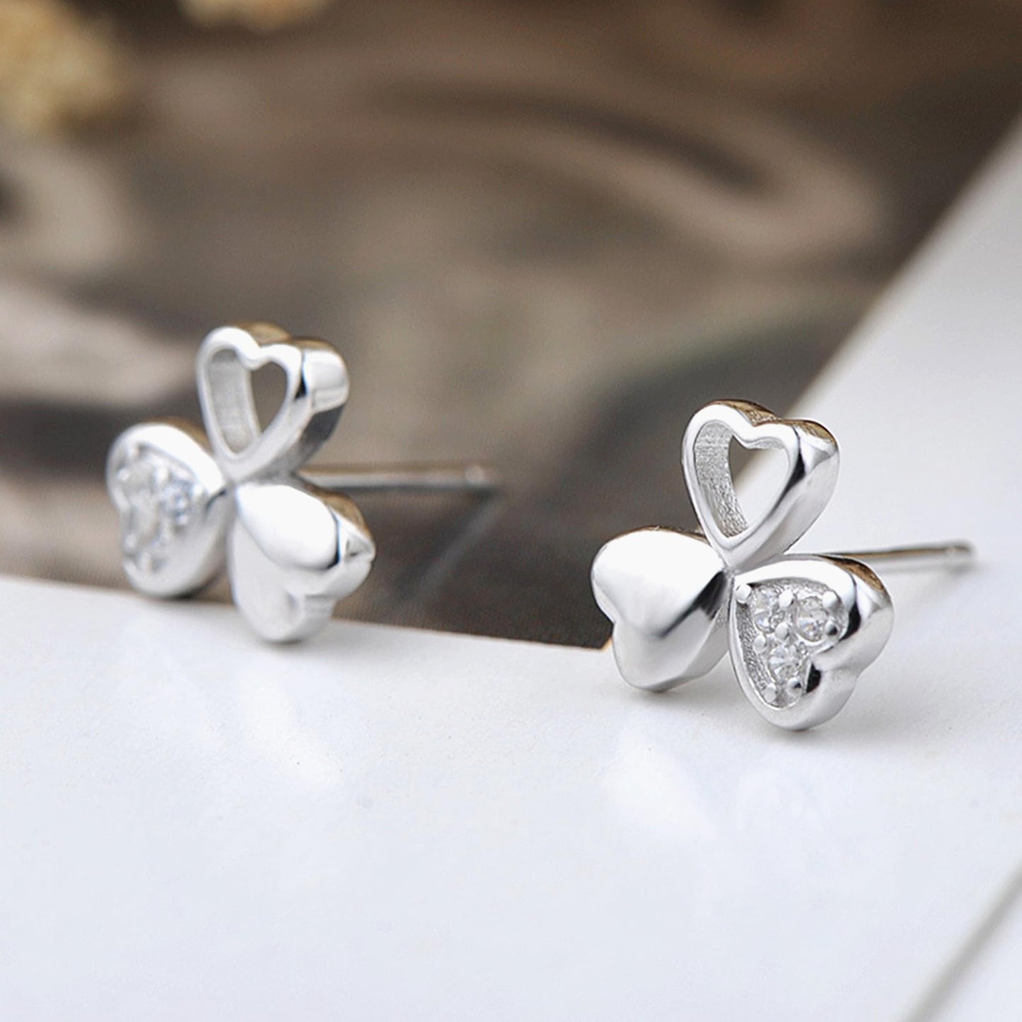 Sterling Silver Shamrock Stud Earrings Paved CZ Lucky Love Jewellery