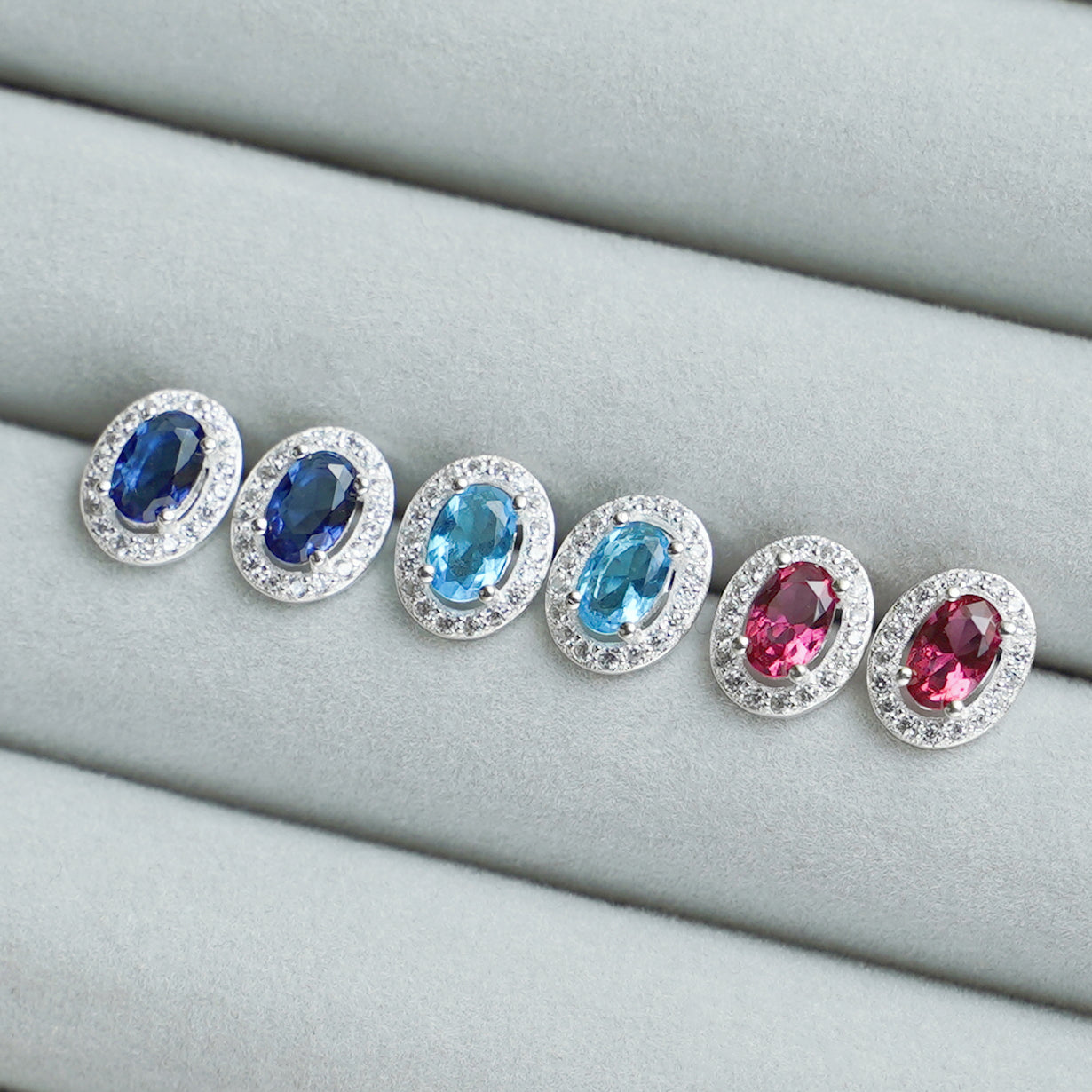 Sterling Silver Halo Earrings Blue Sapphire Red Ruby Light Blue Aquamarine Colour CZ Studs - sugarkittenlondon