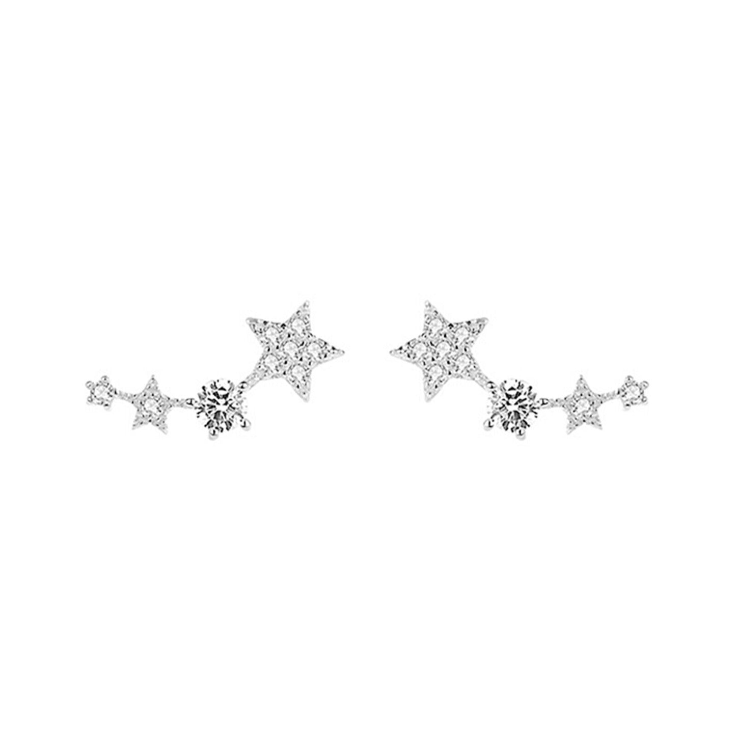 Rhodium on Sterling Silver Linked CZ Stars Climber Crawler Drop Stud Earrings - sugarkittenlondon