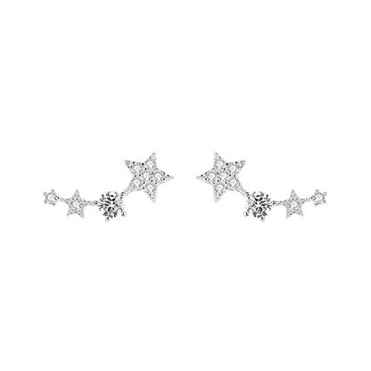 Rhodium on Sterling Silver Linked CZ Stars Climber Crawler Drop Stud Earrings - sugarkittenlondon