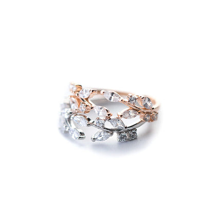 Sterling Silver CZ Leaf Branch Ring Rhodium Rose Gold