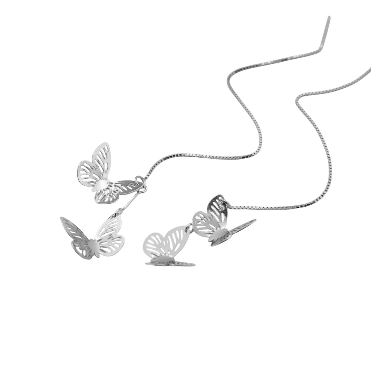 Sterling Silver Butterfly Light Dangle Drop Pull Through Threader Earrings