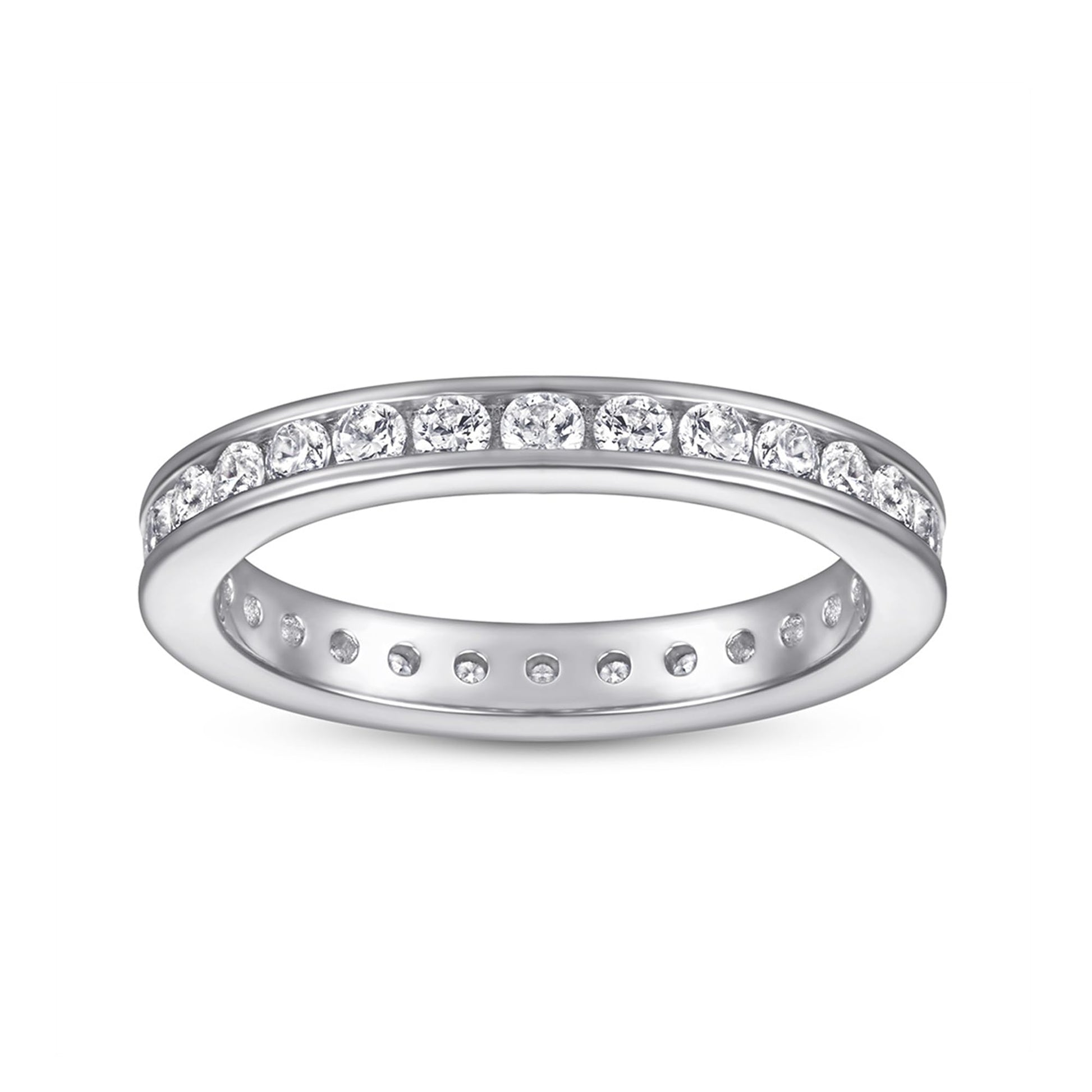 Silver eternity ring with a continuous row of round stones across the top