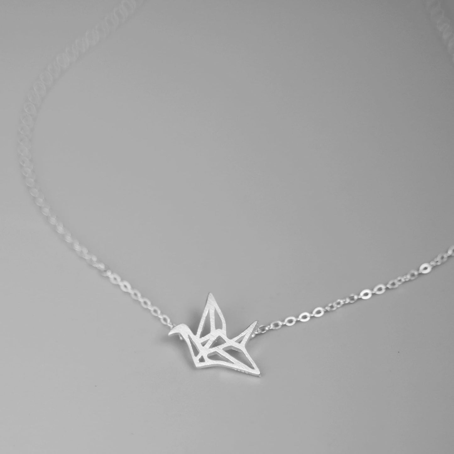 Sterling Silver Matte Brushed Origami Crane Bird Charm Pendant Necklace 38-42cm 16.5''