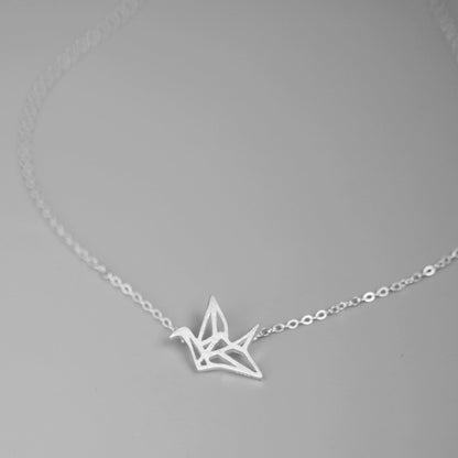 Sterling Silver Matte Brushed Origami Crane Bird Charm Pendant Necklace 38-42cm 16.5''