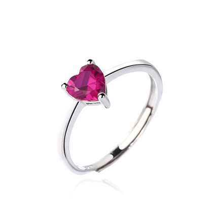 Rhodium on Sterling Silver Solitaire Heart Shaped Cut Magenta CZ Sizable Ring - sugarkittenlondon