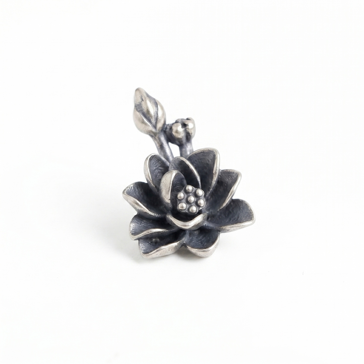 Oxidised 3D lotus charm pendant with dark layered petals and silver stem loop