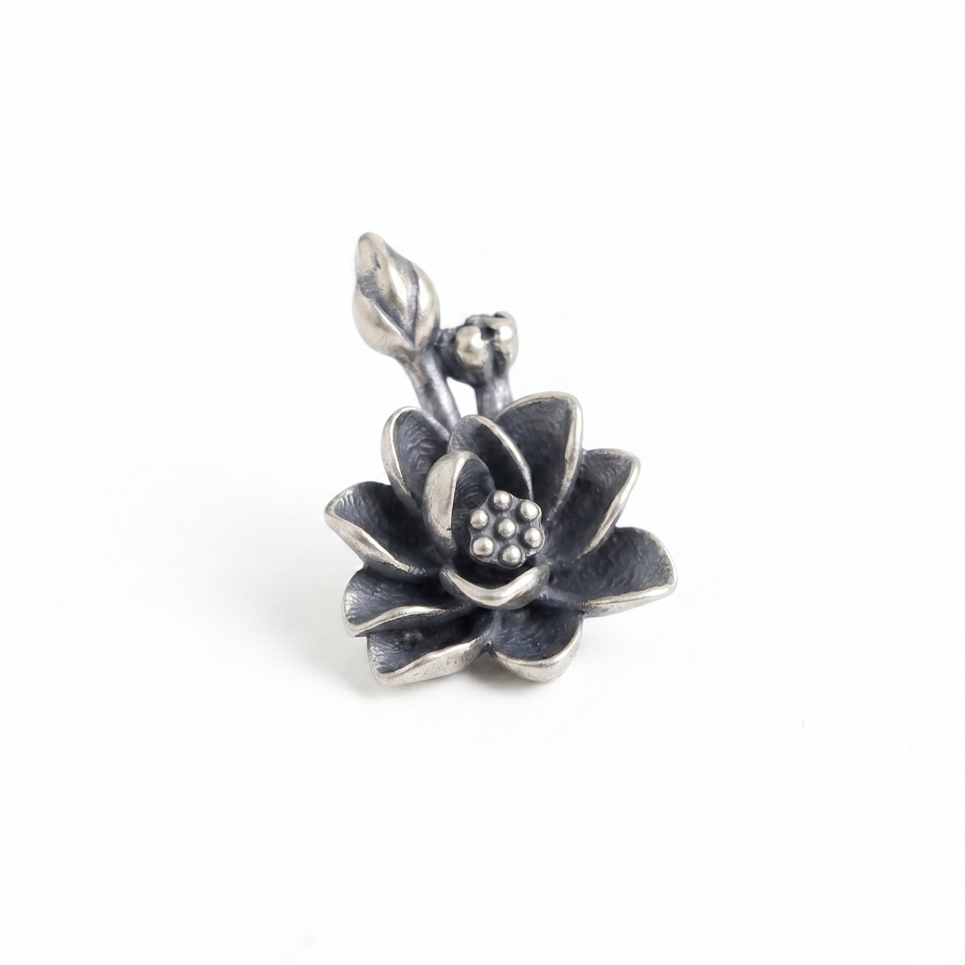 Oxidised 3D lotus charm pendant with dark layered petals and silver stem loop