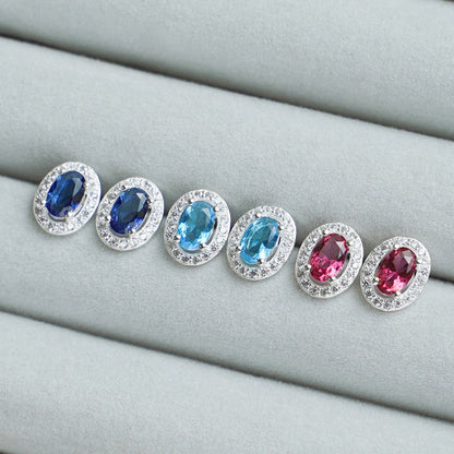 Sterling Silver Halo Stud Earrings Light Blue Aquamarine / Sapphire Blue / Ruby Red / Clear CZ 4mm x 6mm Main Stone
