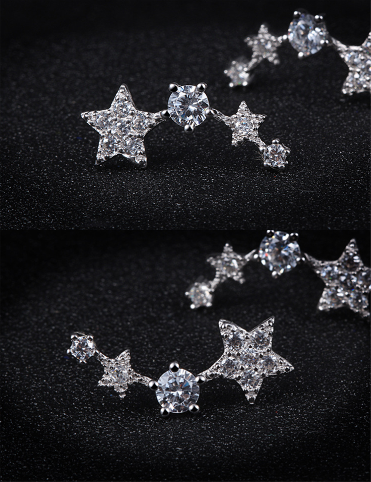 Rhodium on Sterling Silver Linked CZ Stars Climber Crawler Drop Stud Earrings - sugarkittenlondon