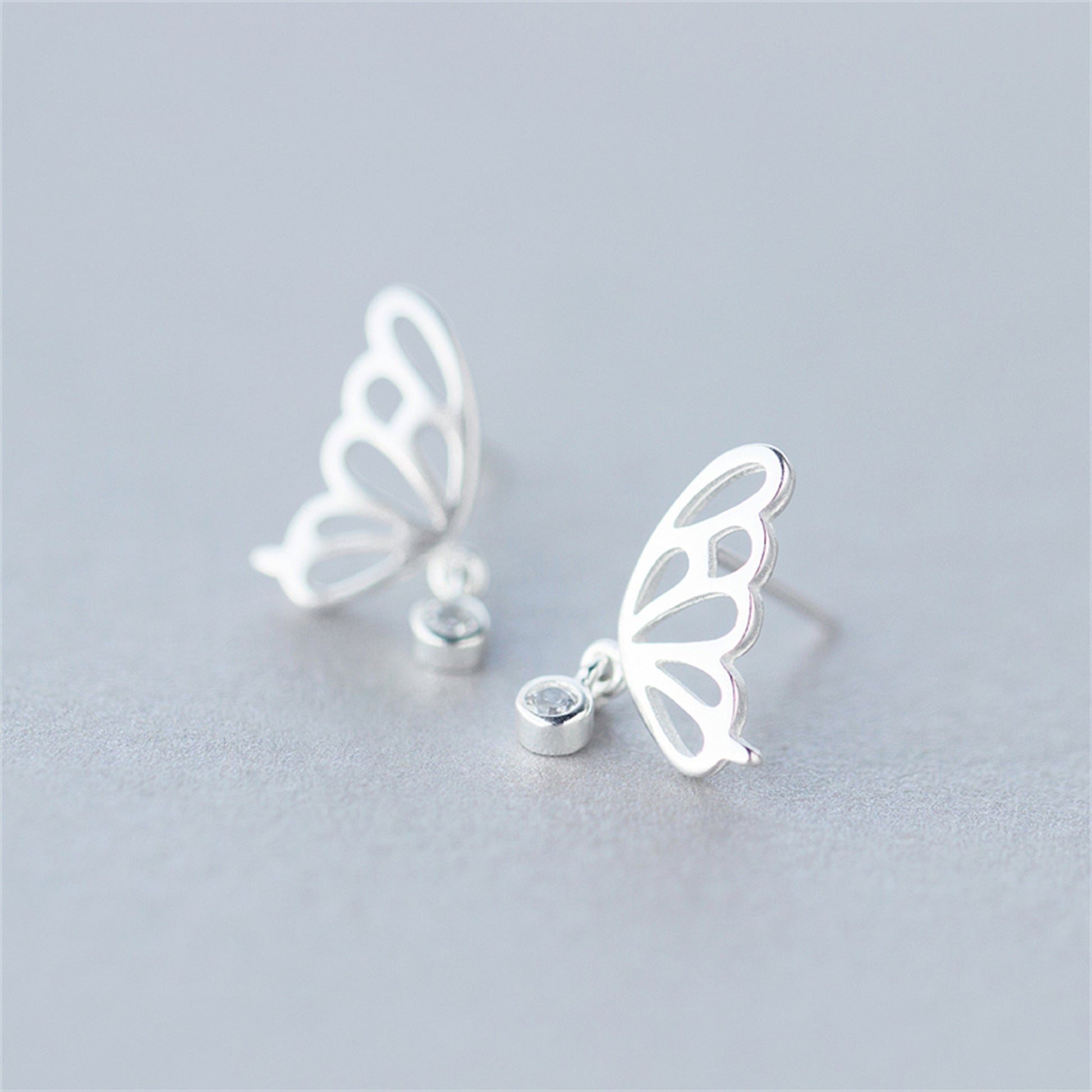 925 Sterling Silver Butterfly Wing Stud Earrings with CZ Drop Dangle - sugarkittenlondon