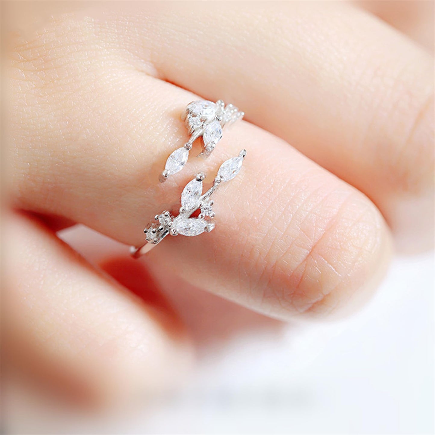 Sterling Silver CZ Leaf Branch Ring Rhodium Rose Gold