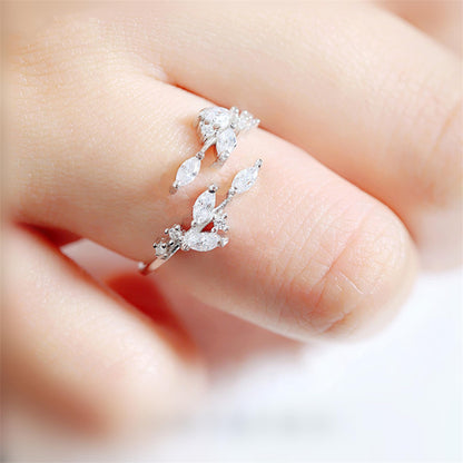 Sterling Silver CZ Leaf Branch Ring Rhodium Rose Gold