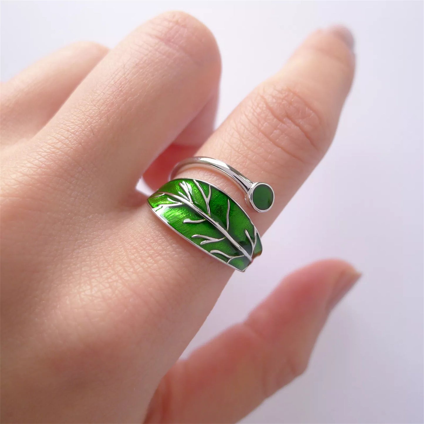 Sterling Silver Glazed Green Blue Tree Leaf Dot Wrap Open Band Ring