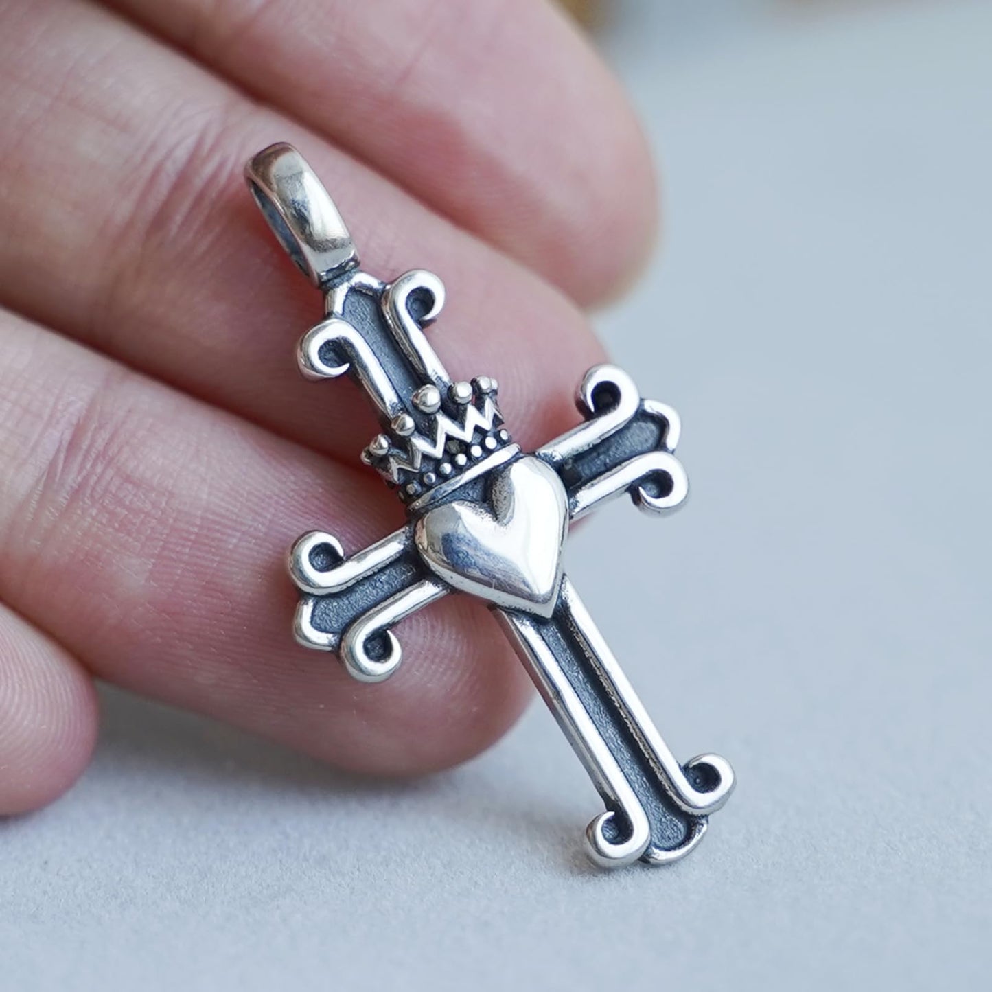 Sterling Silver Oxidised Fleury Claddagh Cross Pendant Heart Crown Love Symbol