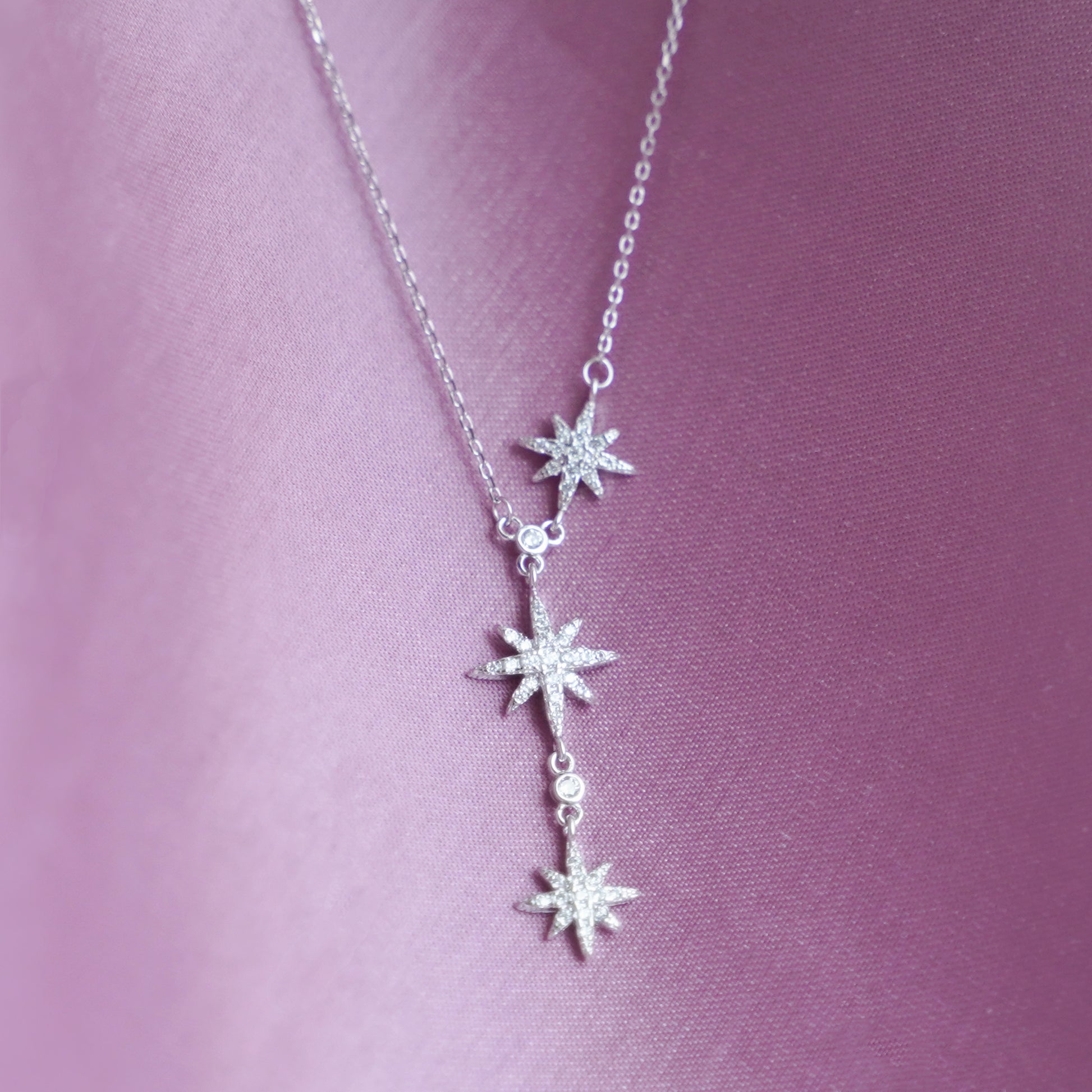 Sterling Silver Y-Shape Sunburst Necklace with CZ Sunlight Stars - sugarkittenlondon