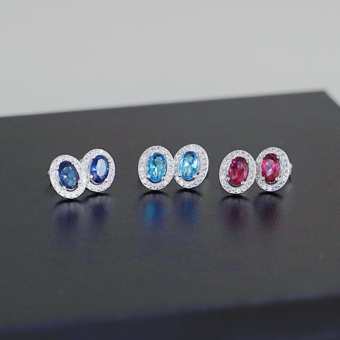 Sterling Silver Halo Stud Earrings Light Blue Aquamarine / Sapphire Blue / Ruby Red / Clear CZ 4mm x 6mm Main Stone