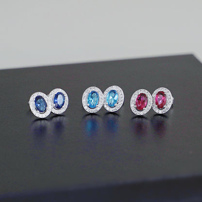 Sterling Silver Halo Stud Earrings Light Blue Aquamarine / Sapphire Blue / Ruby Red / Clear CZ 4mm x 6mm Main Stone
