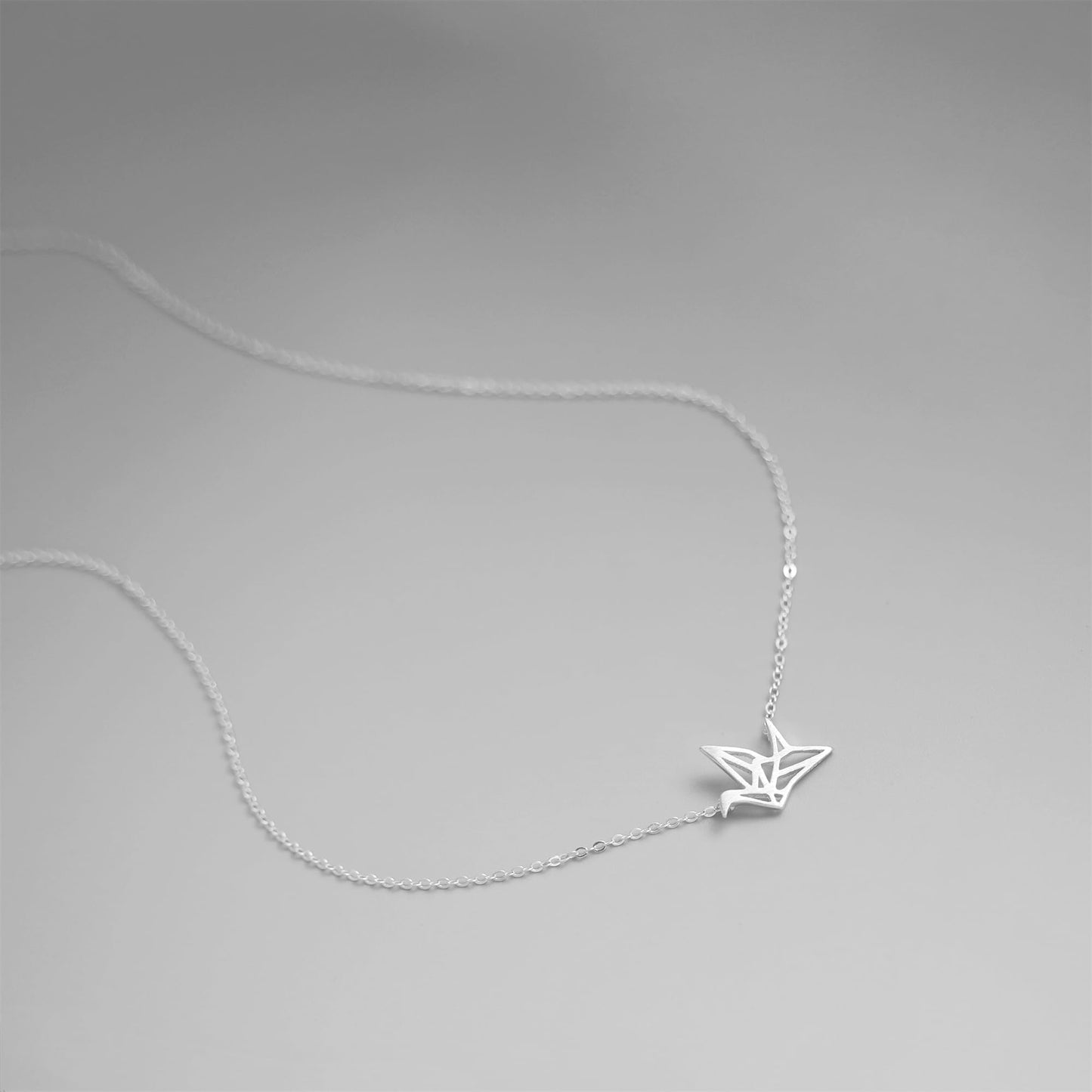 Sterling Silver Matte Brushed Origami Crane Bird Charm Pendant Necklace 38-42cm 16.5''