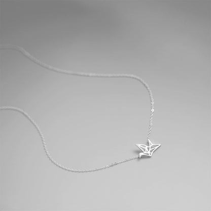 Sterling Silver Matte Brushed Origami Crane Bird Charm Pendant Necklace 38-42cm 16.5''