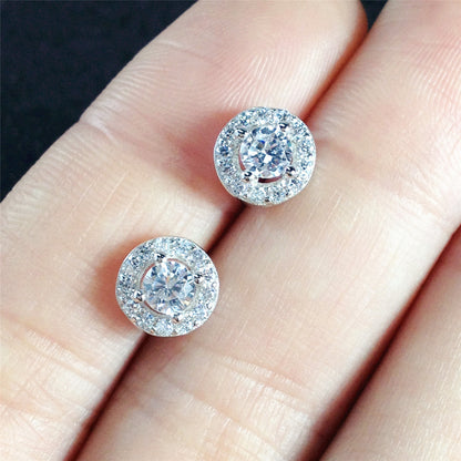 Sterling Silver Cubic Zirconia 7mm Halo Round  Stud Earrings Lady Jewellery - sugarkittenlondon