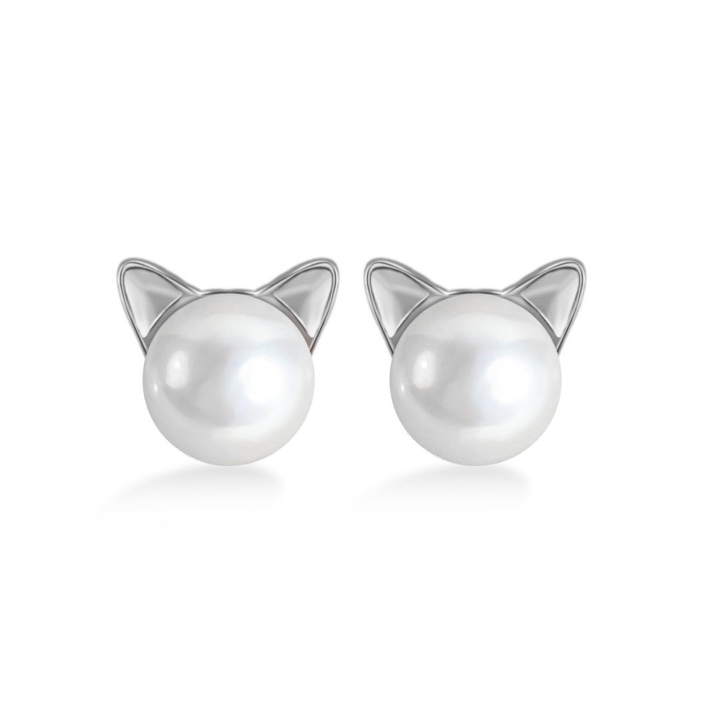 Cat & Pearl Schmuckset: silberfarbene Katzenohr-Ohrstecker mit weißer Perle