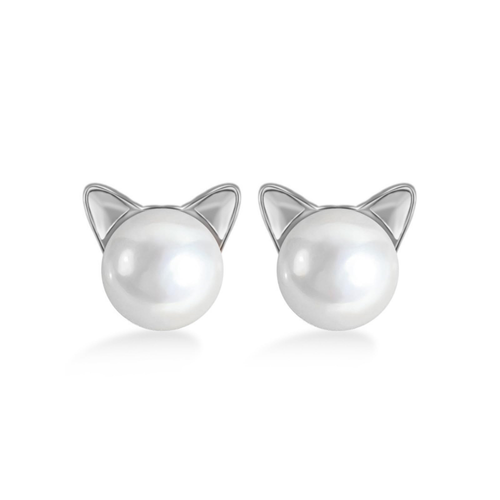 Cat & Pearl Schmuckset: silberfarbene Katzenohr-Ohrstecker mit weißer Perle