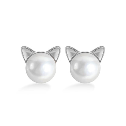 Cat & Pearl Schmuckset: silberfarbene Katzenohr-Ohrstecker mit weißer Perle
