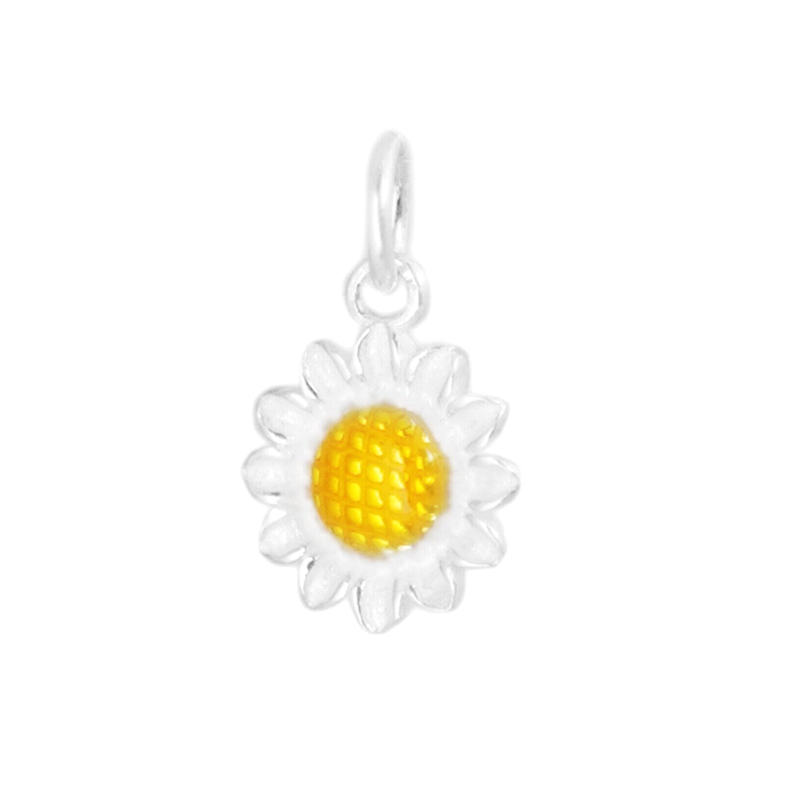 Charm girasol esmaltado amarillo, pétalos blancos con detalle plateado y anilla