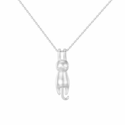 Sterling Silver Matte Hanging Cat Jumping Kitten Pendant Necklace