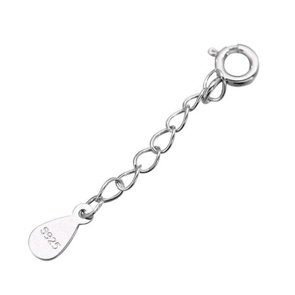 Curb extender chain with silver-tone teardrop plate and round clasp on linked chain