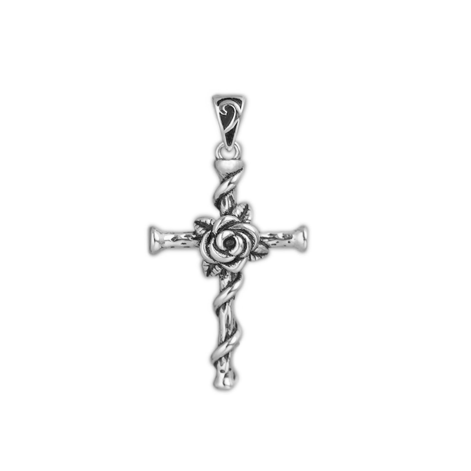 Oxidised Rose Thorn Cross pendant necklace with twisted cross and rose detail, silver-tone