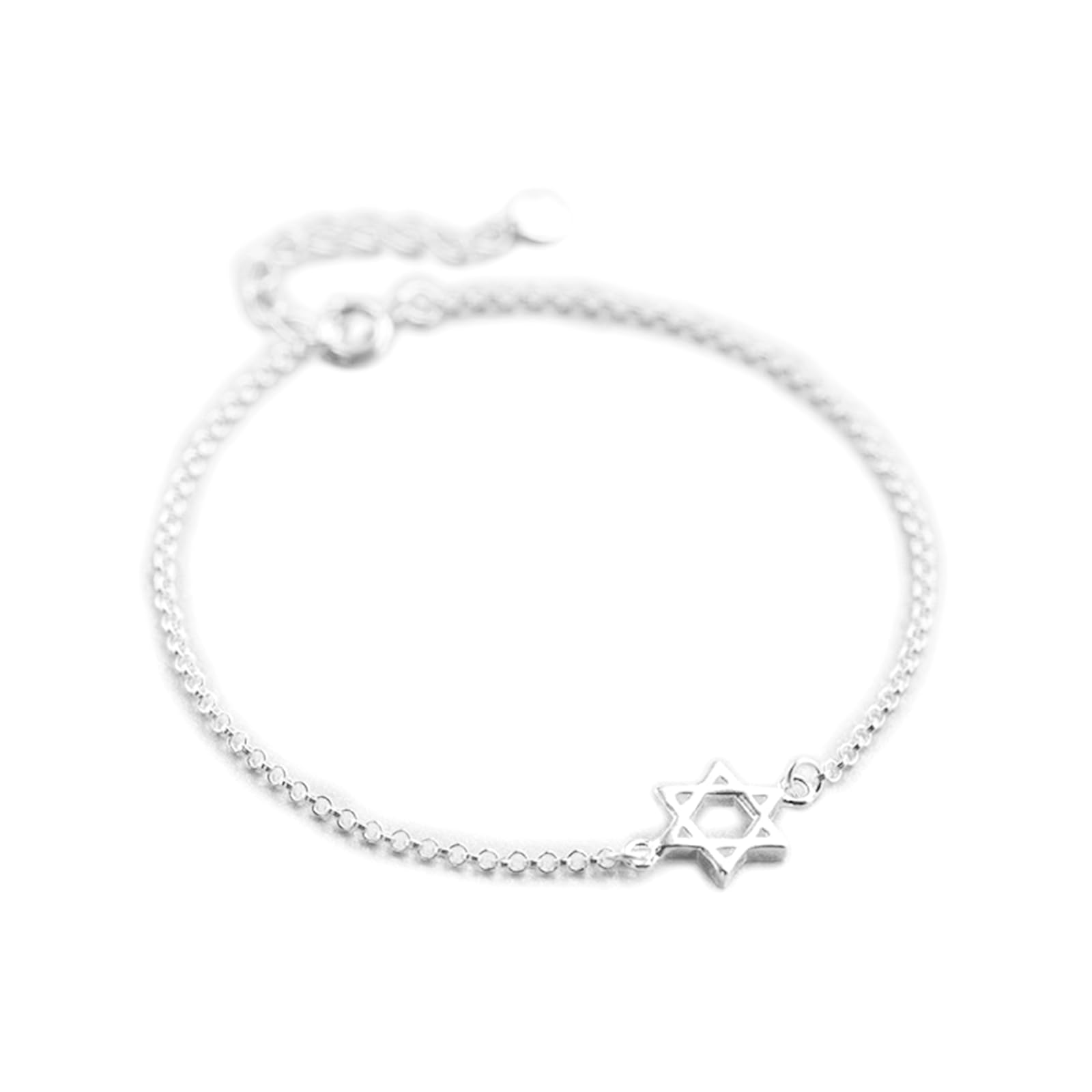 Silver Star of David bracelet with star charm on fine chain links.