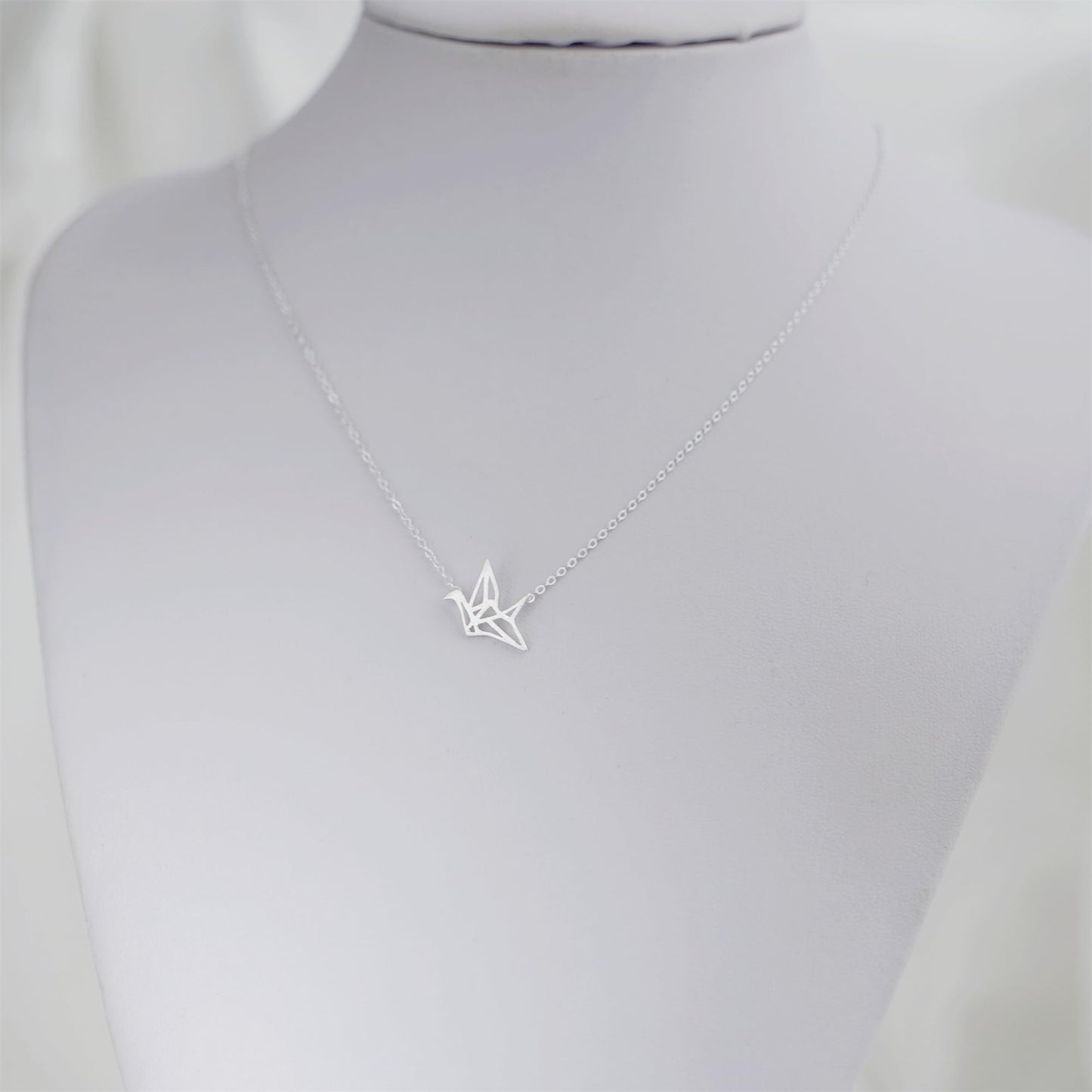Sterling Silver Matte Brushed Origami Crane Bird Charm Pendant Necklace 38-42cm 16.5''