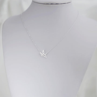Sterling Silver Matte Brushed Origami Crane Bird Charm Pendant Necklace 38-42cm 16.5''