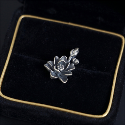 Oxidised 3D lotus charm pendant, dark petals and bead-textured center