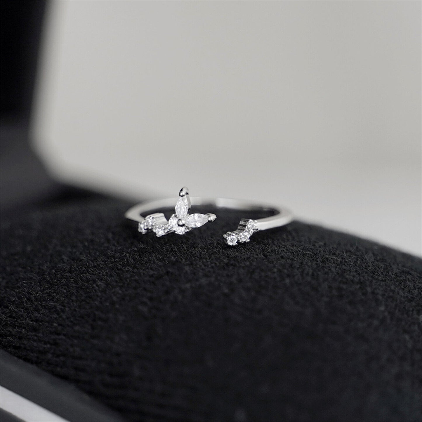 Open-Ended Rhodium-plated Sterling Silver Butterfly Ring with Sparkling CZ - sugarkittenlondon