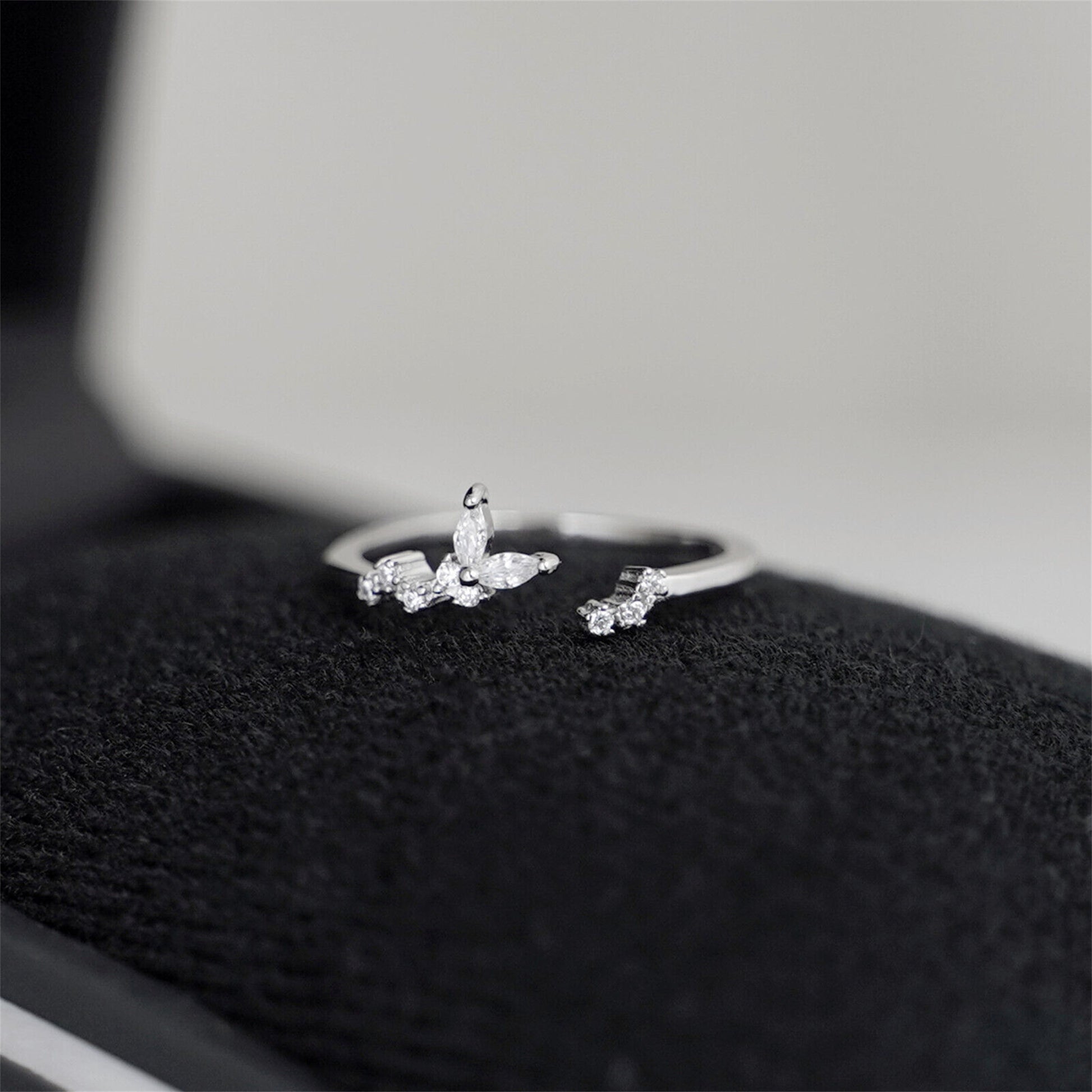 Open-Ended Rhodium-plated Sterling Silver Butterfly Ring with Sparkling CZ - sugarkittenlondon