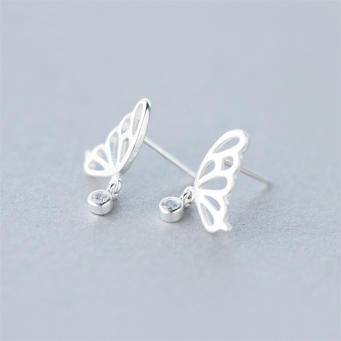 925 Sterling Silver Butterfly Wing Stud Earrings with CZ Drop Dangle - sugarkittenlondon