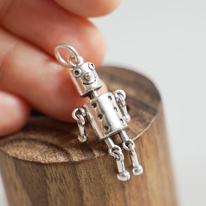 Sterling Silver Hollow 3D Moving Cheerful Tin Man Robot Charm Pendant Necklace - sugarkittenlondon